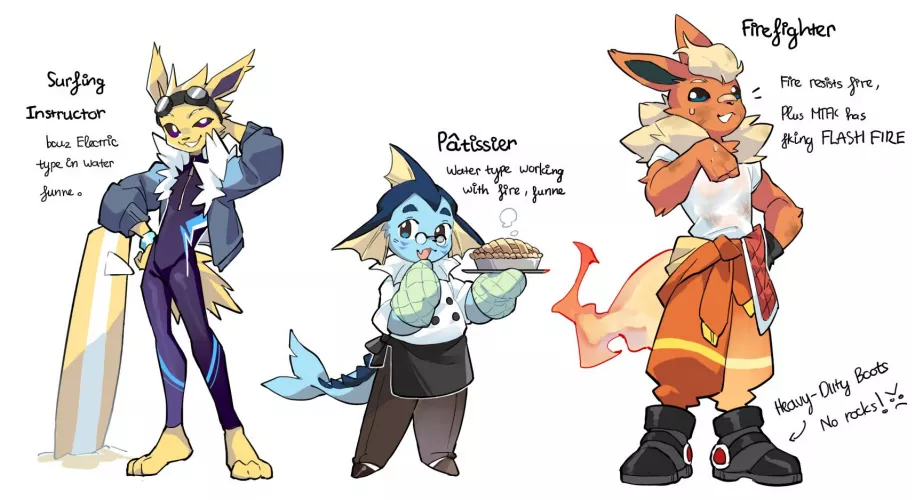 After some consideration and asking for ideas, this is my final take on the OG eeveelution trio~
