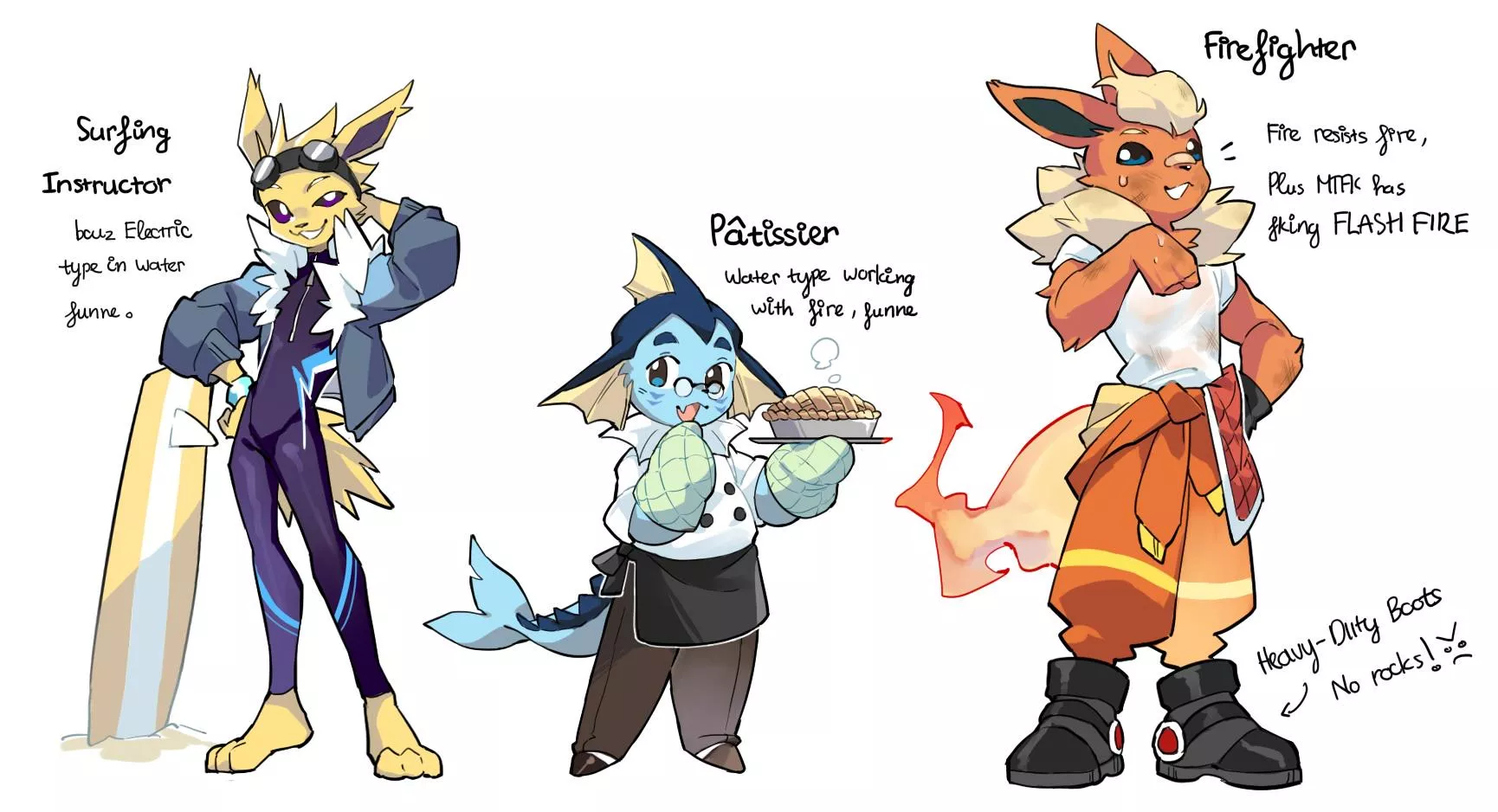 After some consideration and asking for ideas, this is my final take on the OG eeveelution trio~