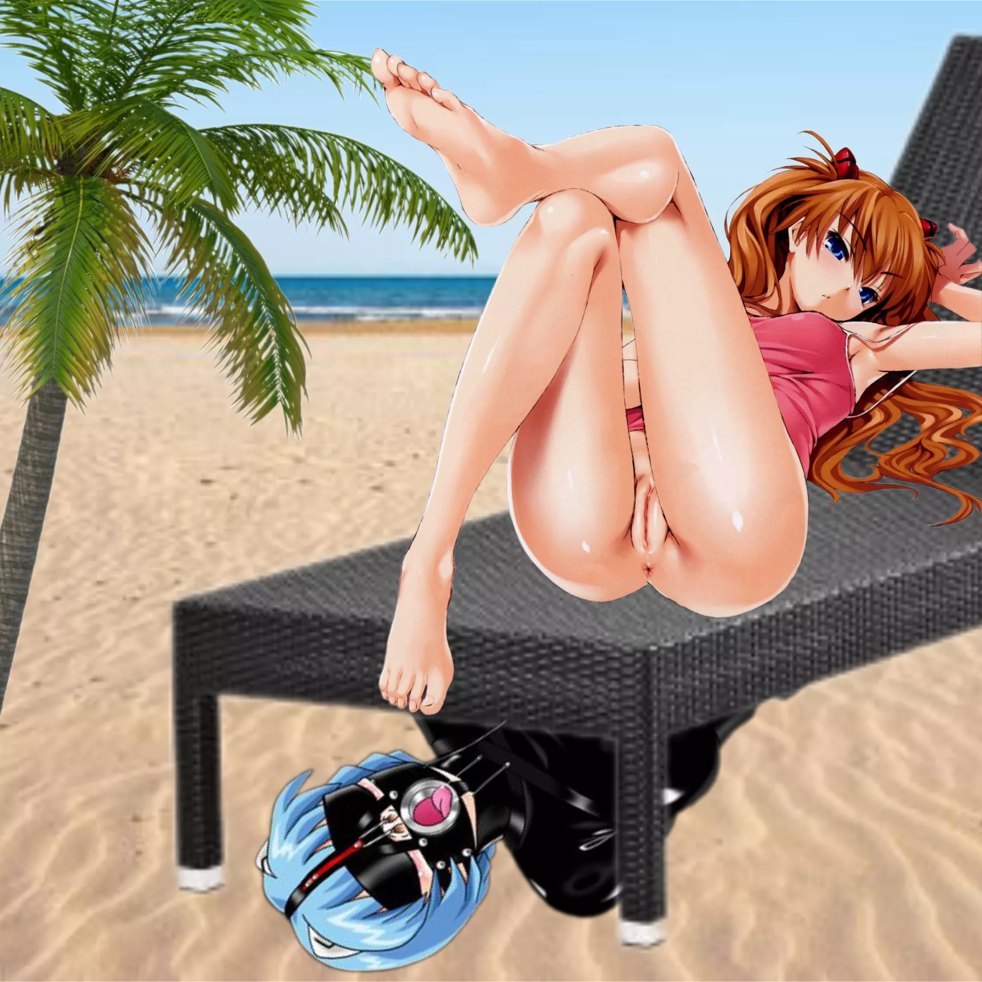 Ayanami is forced to serve as a tied up and fully clothed carpet under Asuka's sunbed during 35⁰C heat (cle_masahiro) [Evangelion]