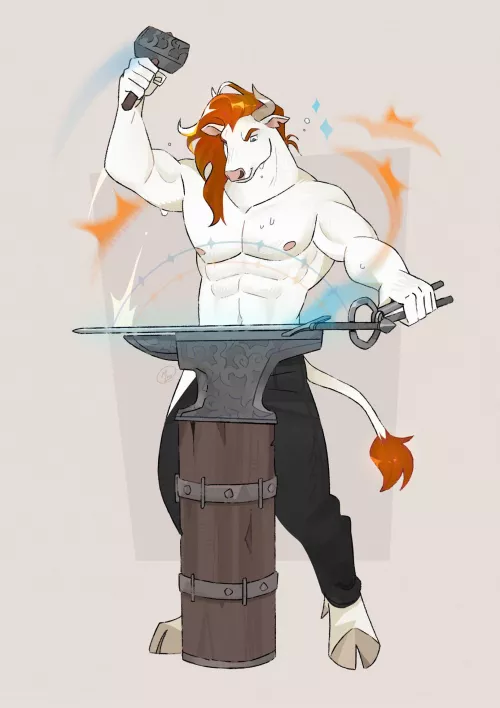 Minotaur Blacksmith (Art by @gato_iberico on Twitter) 