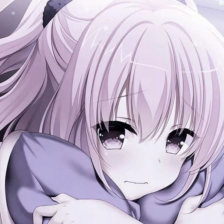 LF Color Source: Purple eyes, pink hair, blush, pony tail, pillow, long hair, hugging object