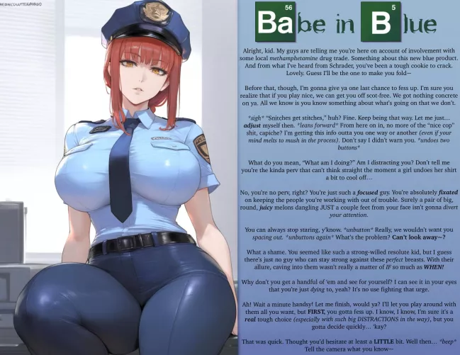 THE CLASSIC CAPTION SERIES: Babe in Blue- POLL IN COMMENTS [F4M] [Femdom] [Policewoman] [Drugs-Mentioned] [Titnosis] [Big Boobs] [Breast Play] [Seductive] [Smug] [No Sex] [Art: AI Generated]