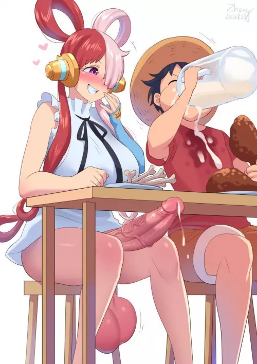 Luffy enjoying some milk with his food 