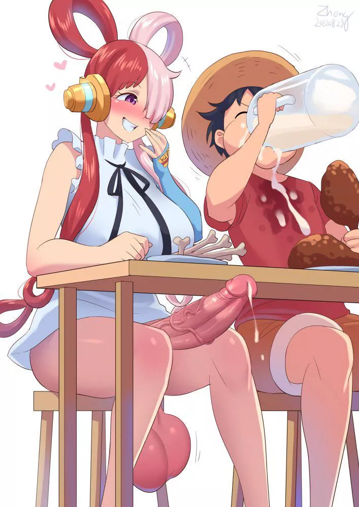 Luffy enjoying some milk with his food 