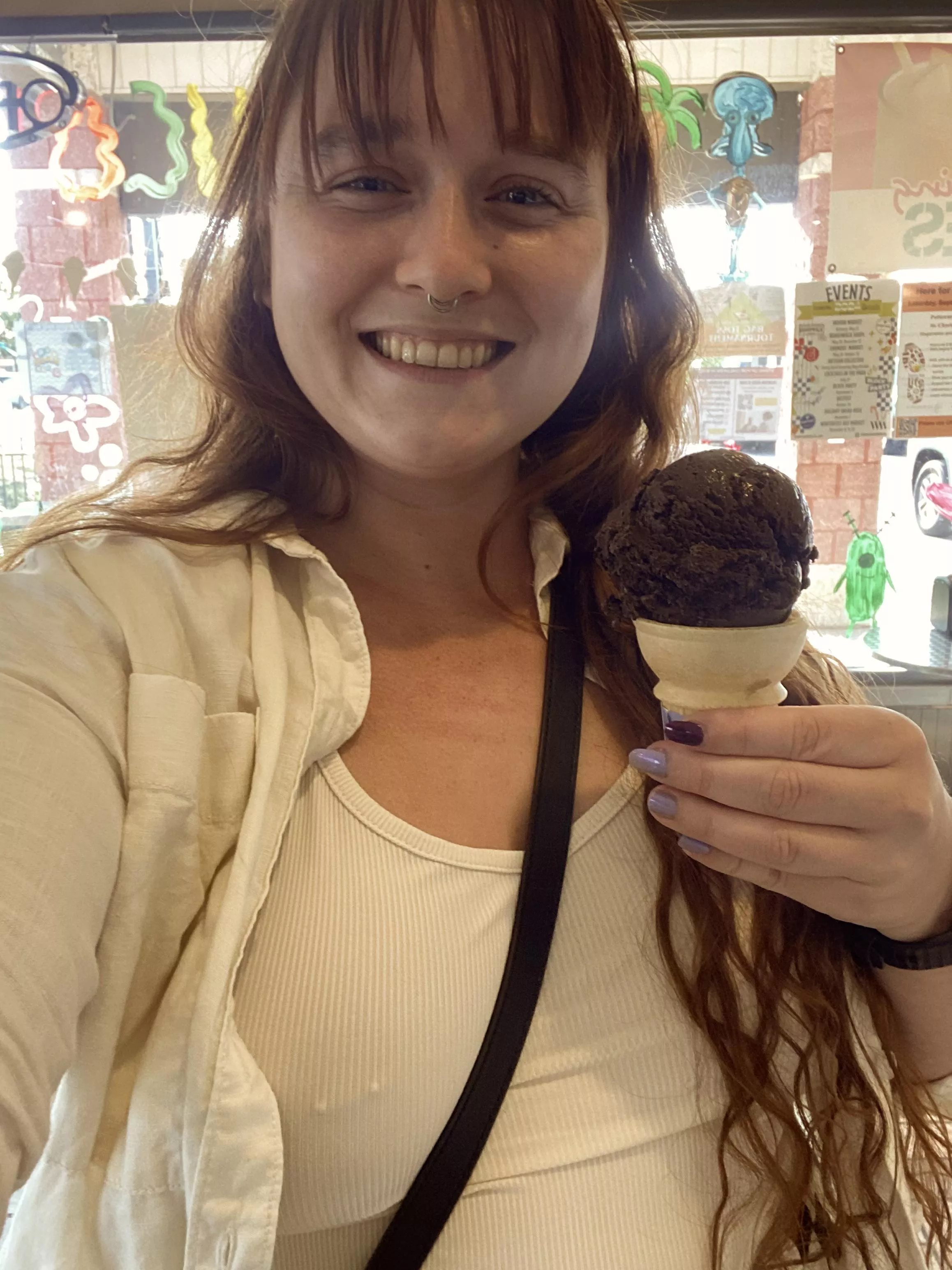 Braless for ice cream. It‘s a little chilly huh? 