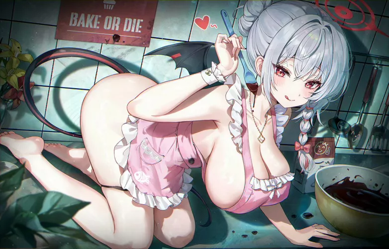 Naked apron Haruna attempting to bake [Blue Archive]