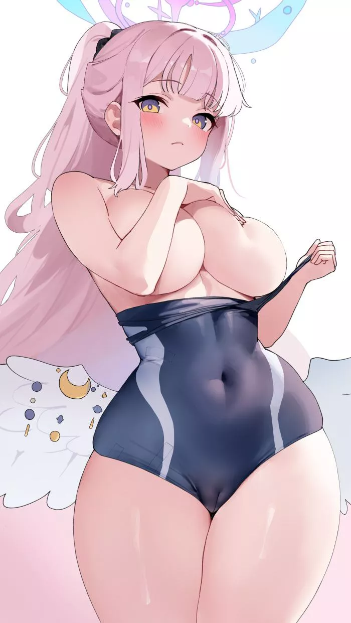 Taking off her swimsuit 