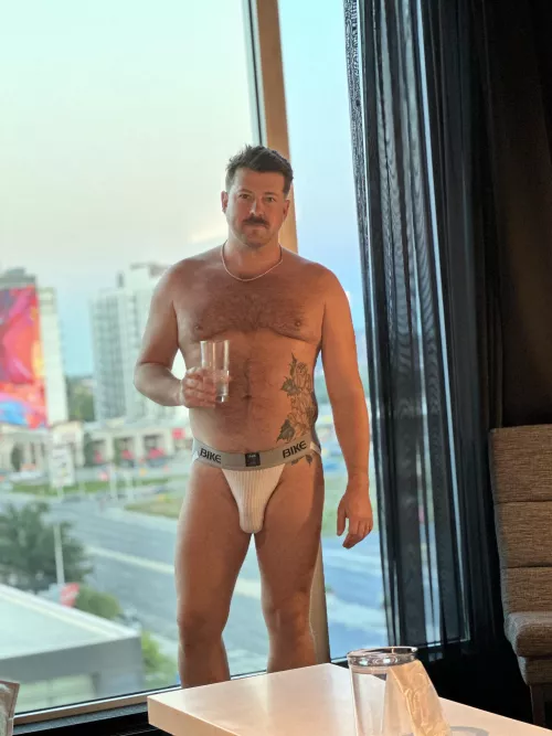 just a bear in a hotel room. 