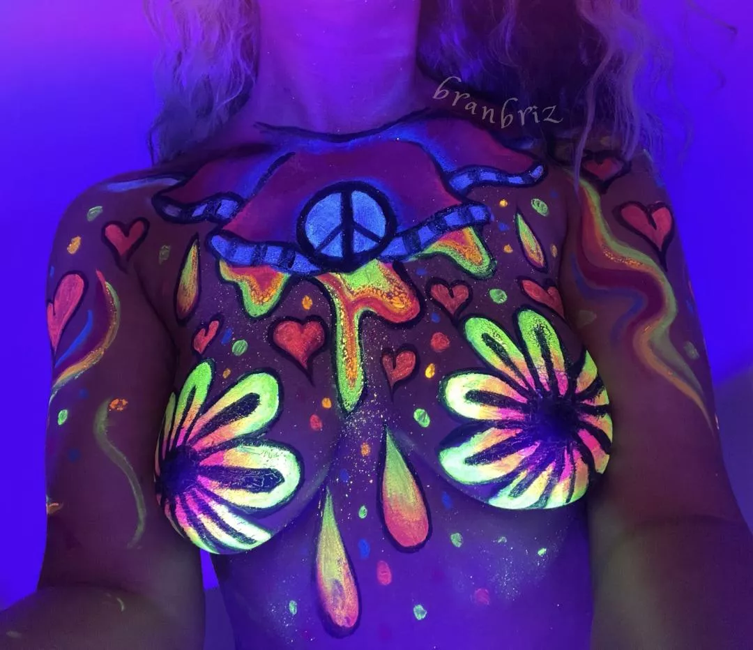 Bodypainting I did on myself for fun (I'm totally amateur lol). I used a cheap uv set of paint that I got off Amazon... positive is the flakyness of the paint looks super cool under blacklight! 😆