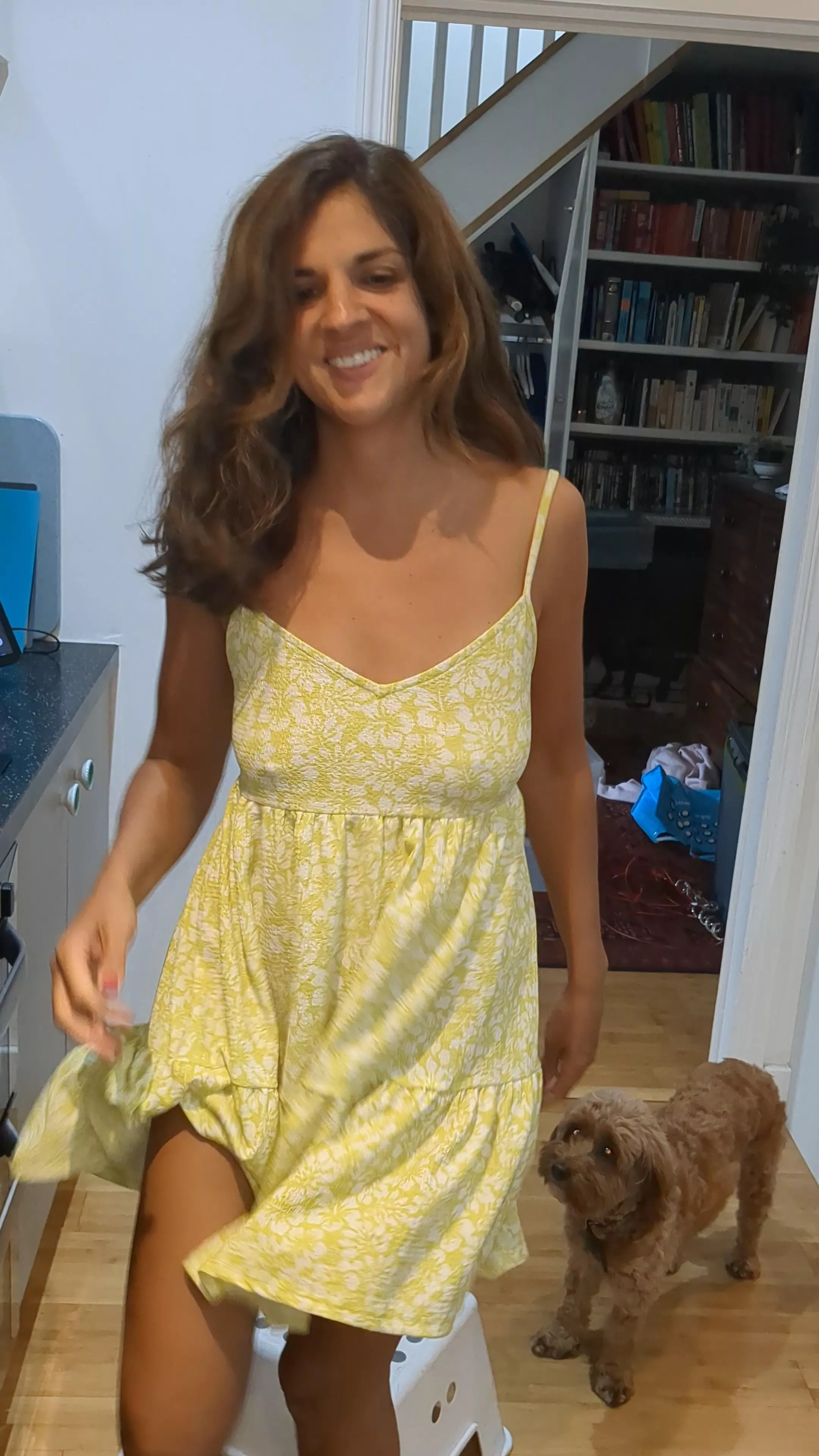 Braless with my slinky little summer dress 