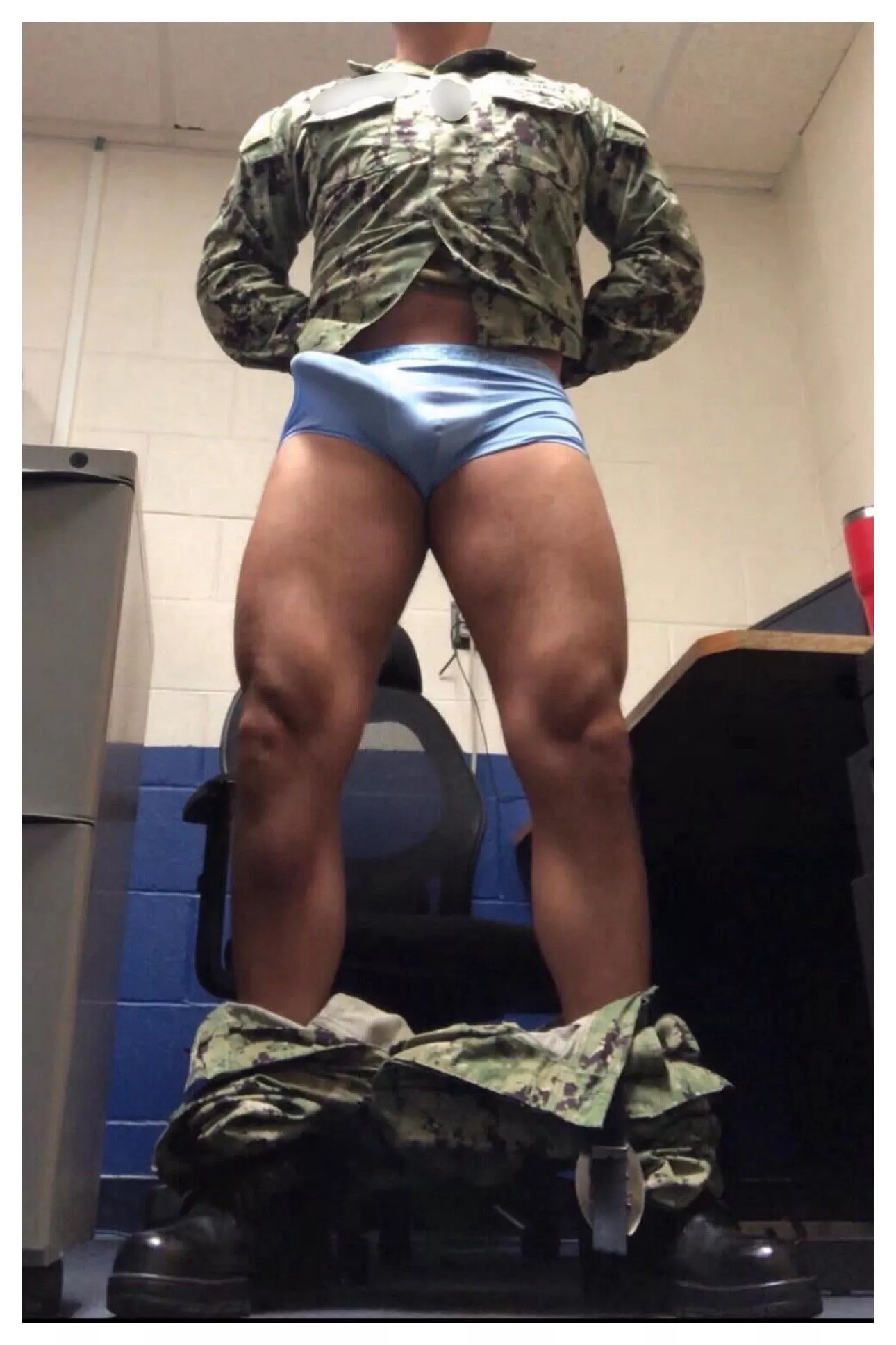 Rock fucking hard in my CK’s.  Now stand at attention on your knees!