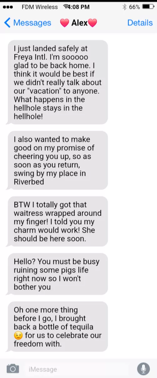 Finally back after a long, stressful week. I should let my bestie know I'm home safe