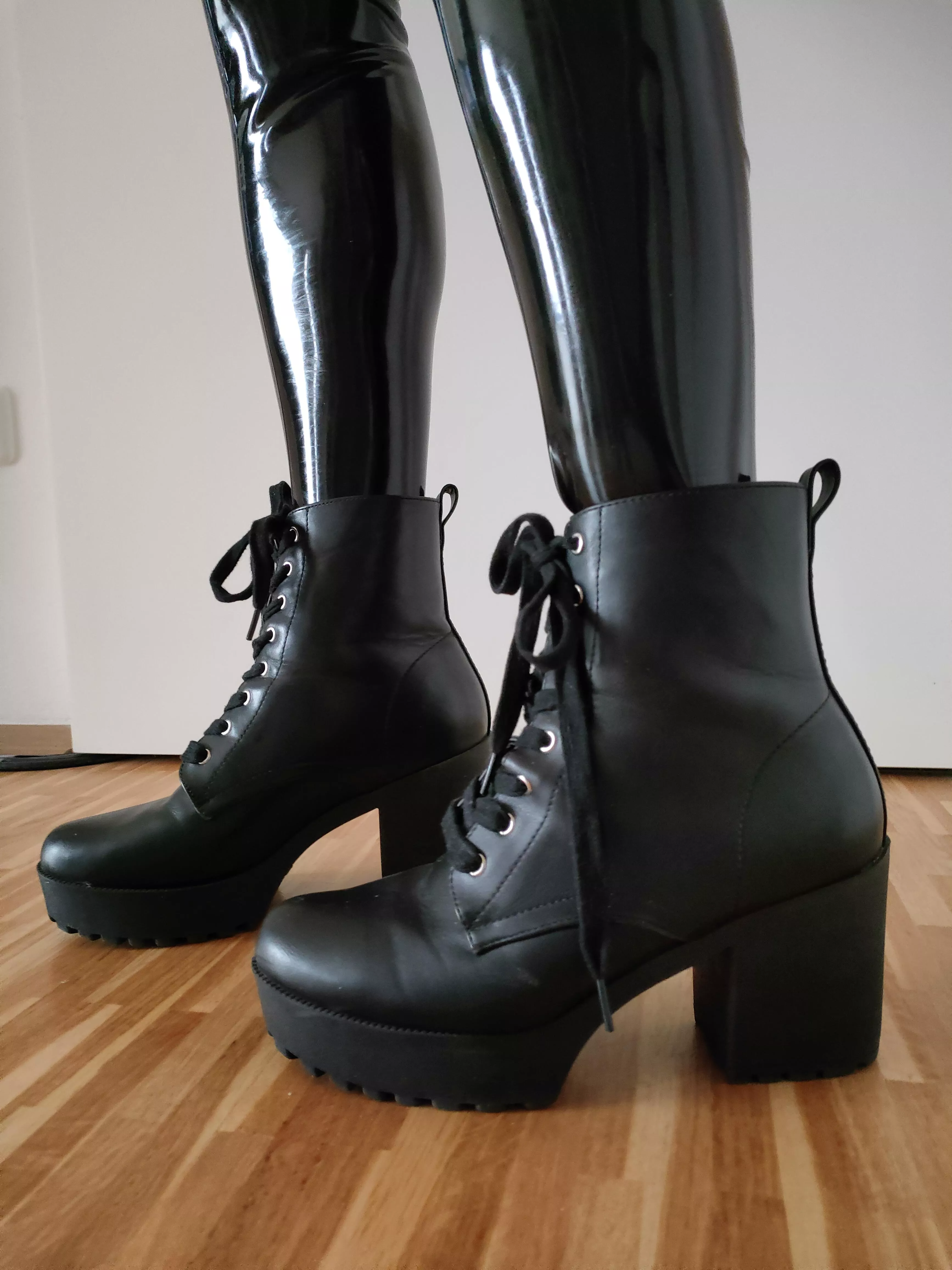 I love latex combined with high block heel boots