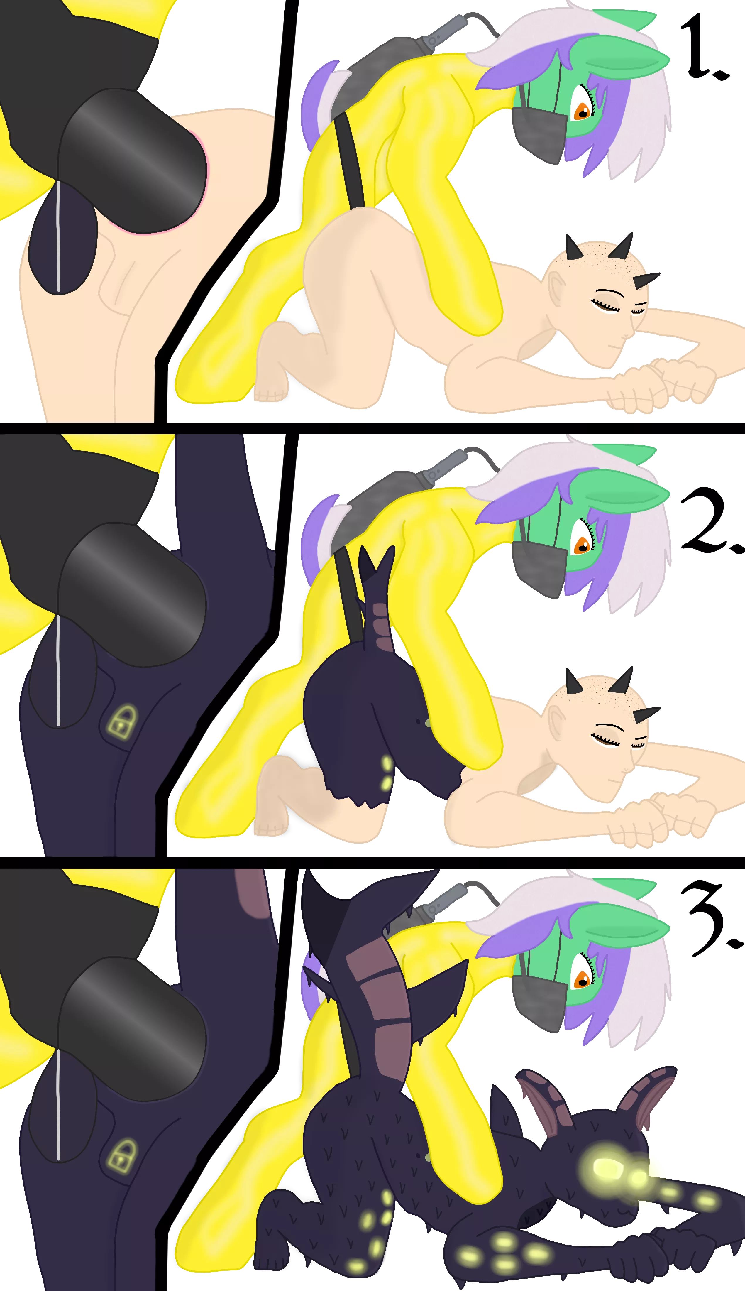 Lesbian earth pony with latex suit turns a human into a shark. Using a strapon connected to a container of assimilative Garax goo. (OC)