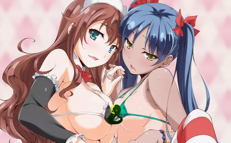LF Color Source, Episode 7 of Active Raid, full size version of this sponsor segment end card- 2girls, blue hair, brown hair, yellow eyes, blue eyes, twin tails, ribbons, micro bikini, striped legwear, maid, tanlines, asymmetrical docking