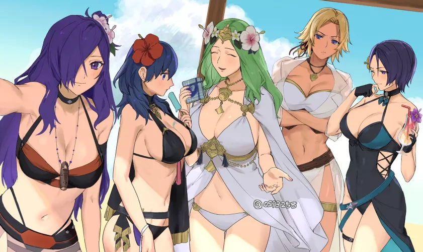 Shez, Byleth, Rhea, Catherine and Shamir at the beach [Fire Emblem]