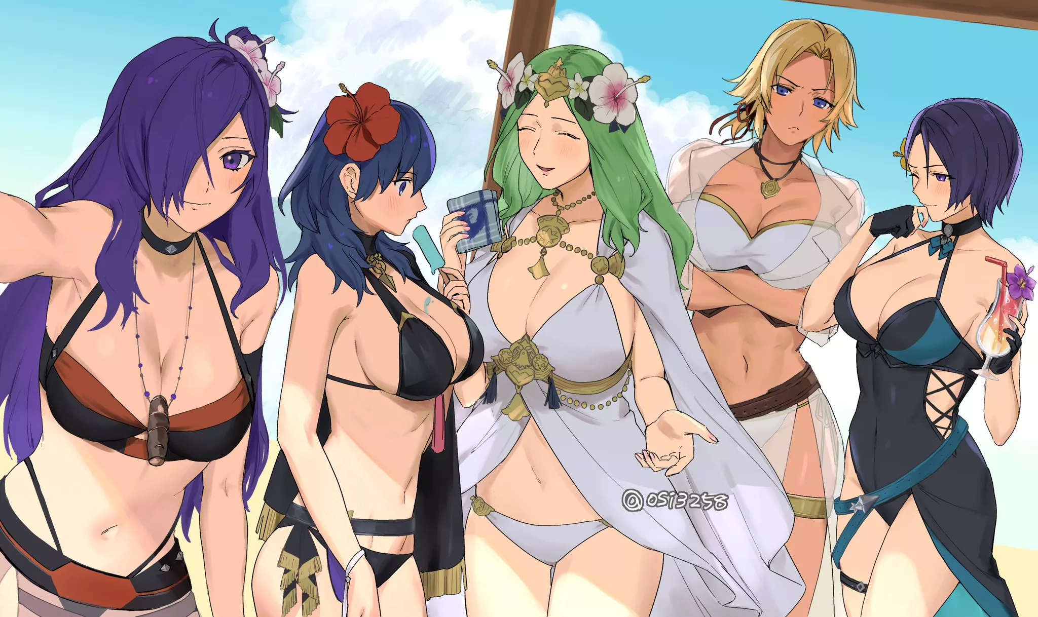 Shez, Byleth, Rhea, Catherine and Shamir at the beach [Fire Emblem]
