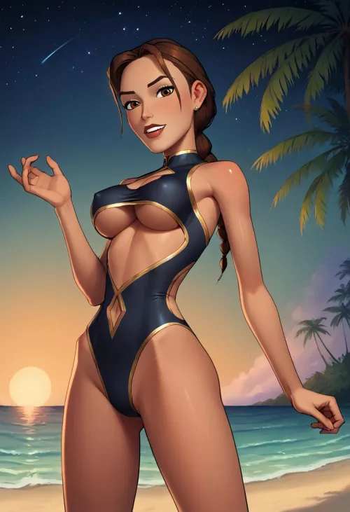 Classic Lara modelling a ceremonial garment she found in a 5,000 year old tomb (ai)