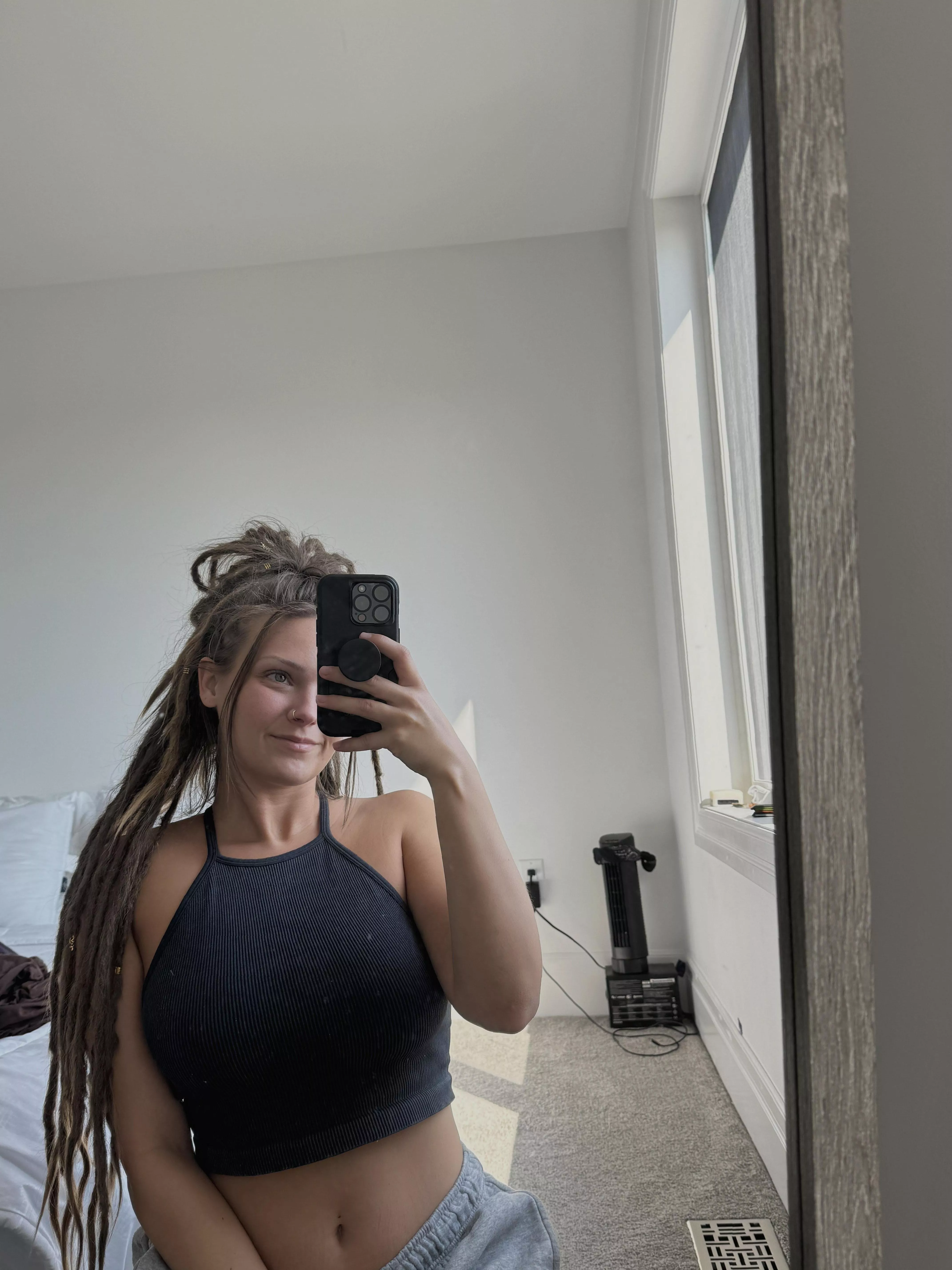 Getting ready to start the day with a black croptop
