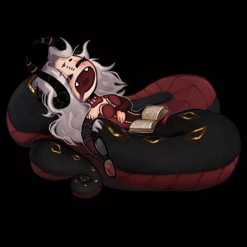 My Lamia OC Visciane passed out while binge reading. Drawn by a friend.