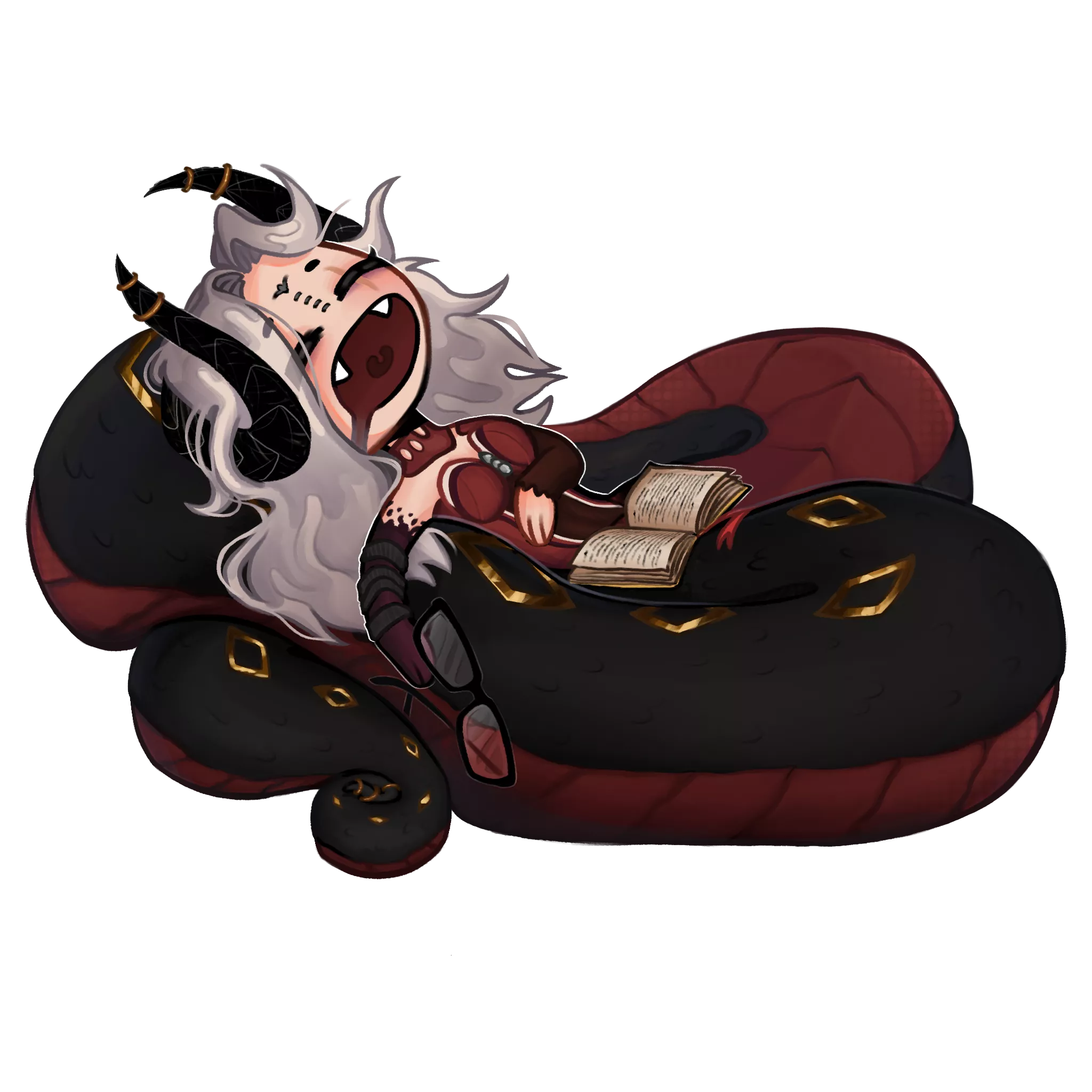 My Lamia OC Visciane passed out while binge reading. Drawn by a friend.