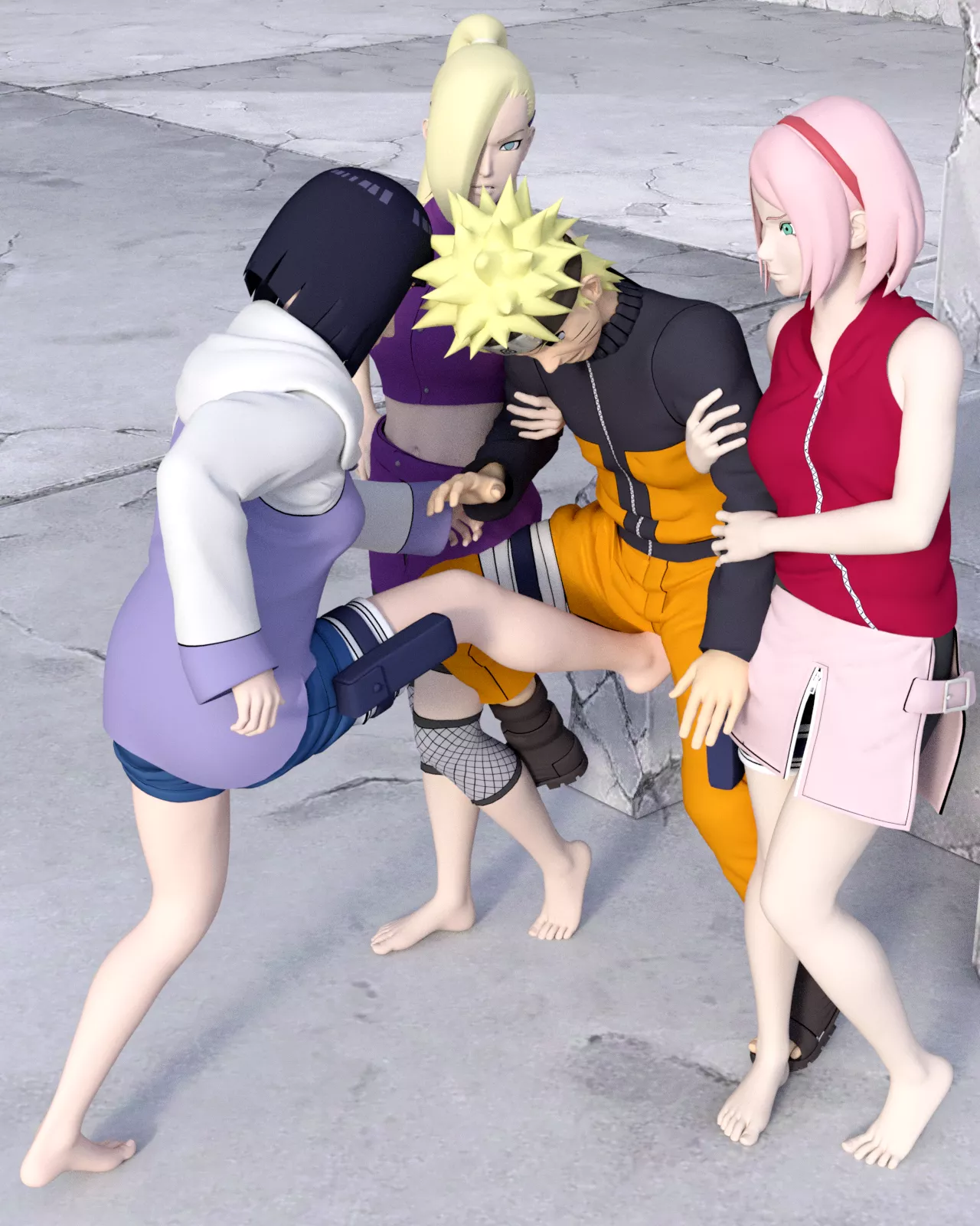 Sakura, Hinata and Ino agree to help Naruto with his training to become Hokage, but it’s not quite what he had in mind. Sakura and Ino grab his arms, while Hinata starts kicking his balls.