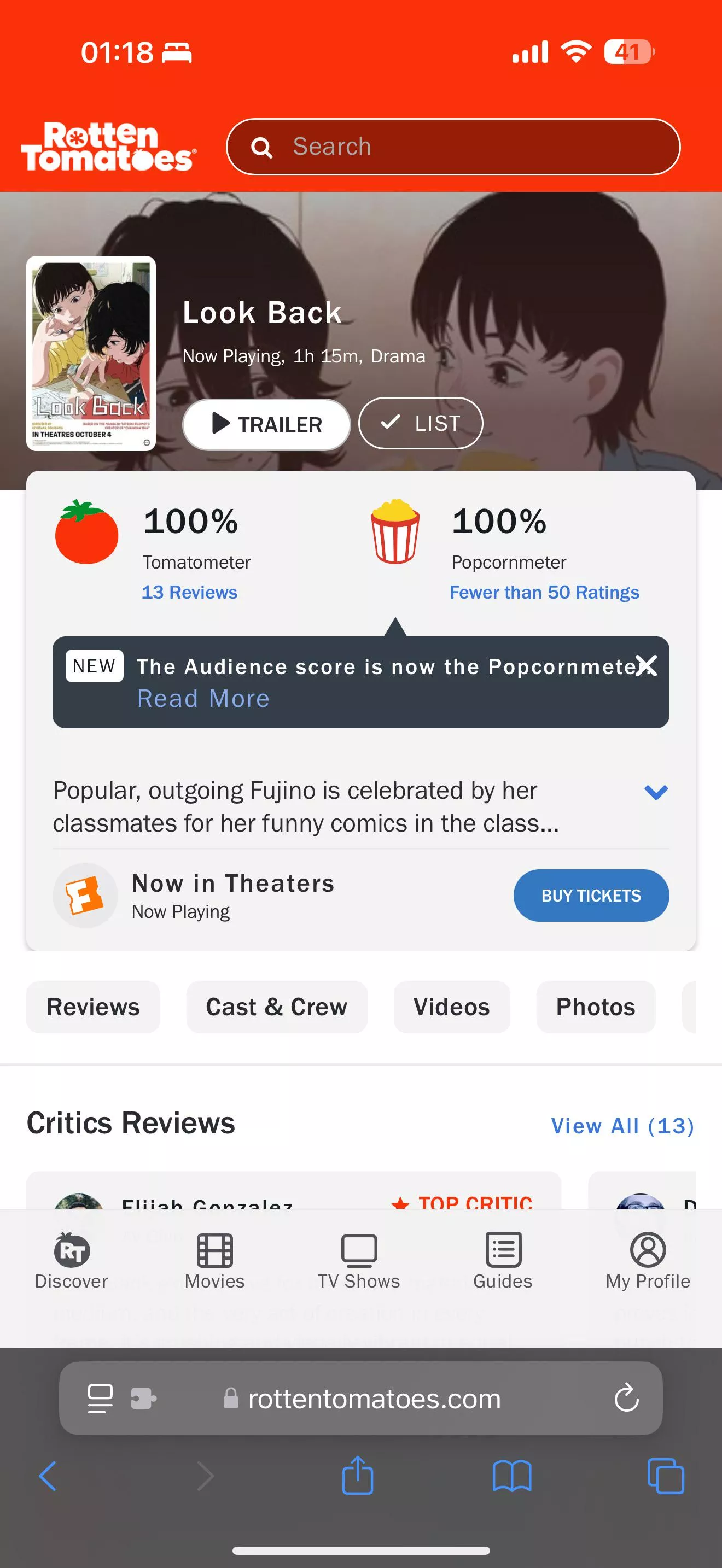 “Look Back” holds a 100% reviewer/audience score on Rotten Tomatoes!