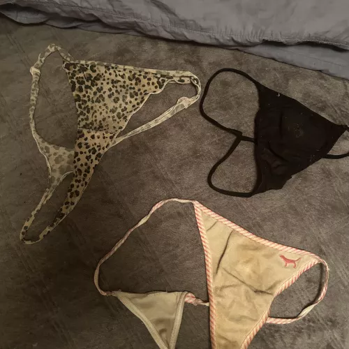 Which thong should I wear tonight!?? The leopard print thong I took from my old college roommate’s 39 yo hot wife! The black thong I took from my best female friend that I’ve know since HS. She is a 39 yo MILF! And the VS Pink white thong is my young