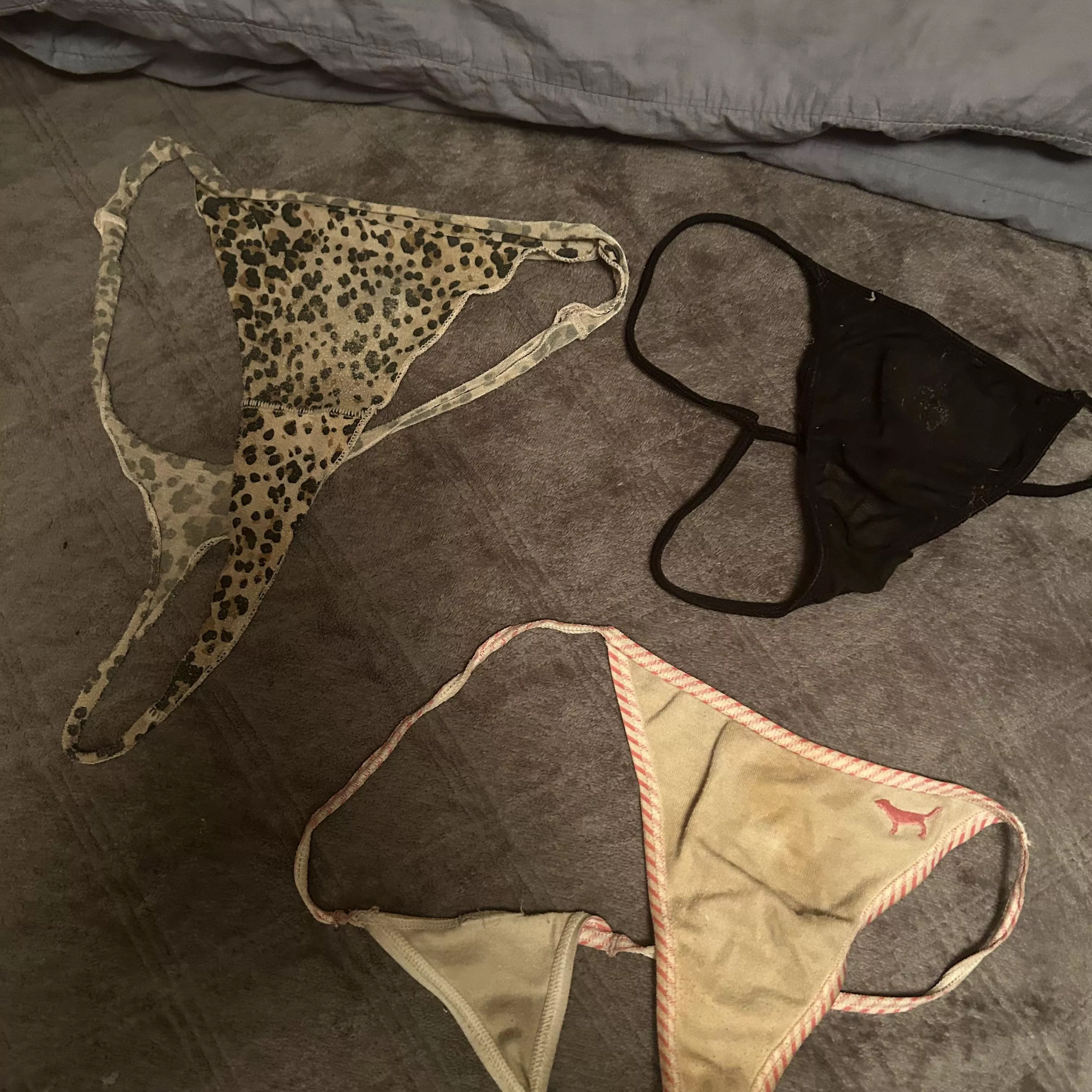 Which thong should I wear tonight!?? The leopard print thong I took from my old college roommate’s 39 yo hot wife! The black thong I took from my best female friend that I’ve know since HS. She is a 39 yo MILF! And the VS Pink white thong is my young