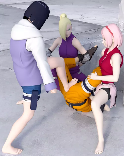After countless attacks to his balls, Naruto is no longer able to get back on his feet. Sakura and Ino waste no time and flip him over face down, so Hinata can continue her assault with brutal stomps to his defenseless balls