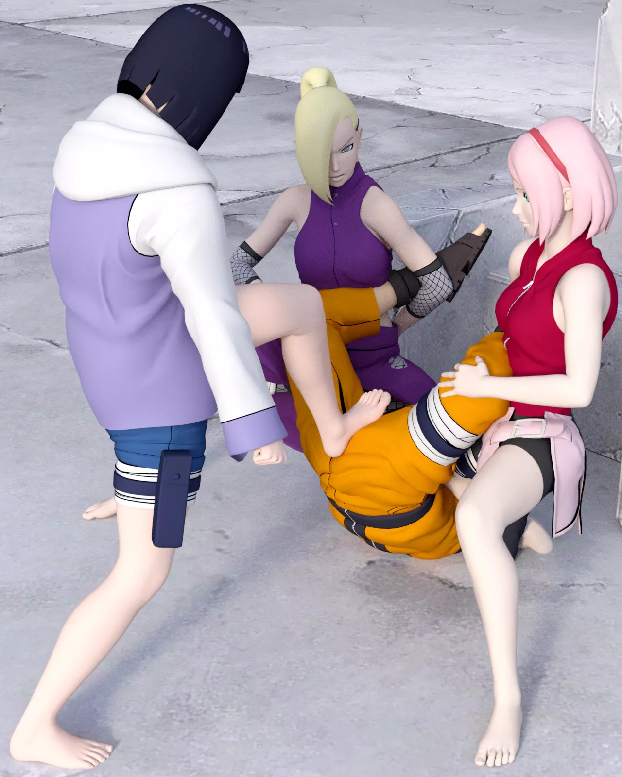 After countless attacks to his balls, Naruto is no longer able to get back on his feet. Sakura and Ino waste no time and flip him over face down, so Hinata can continue her assault with brutal stomps to his defenseless balls