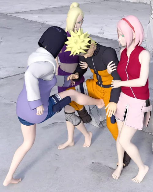 Sakura, Hinata and Ino agree to help Naruto with his training to become Hokage, but it’s not quite what he had in mind. Sakura and Ino grab his arms, while Hinata starts kicking his balls [Naruto] (SoleMann)