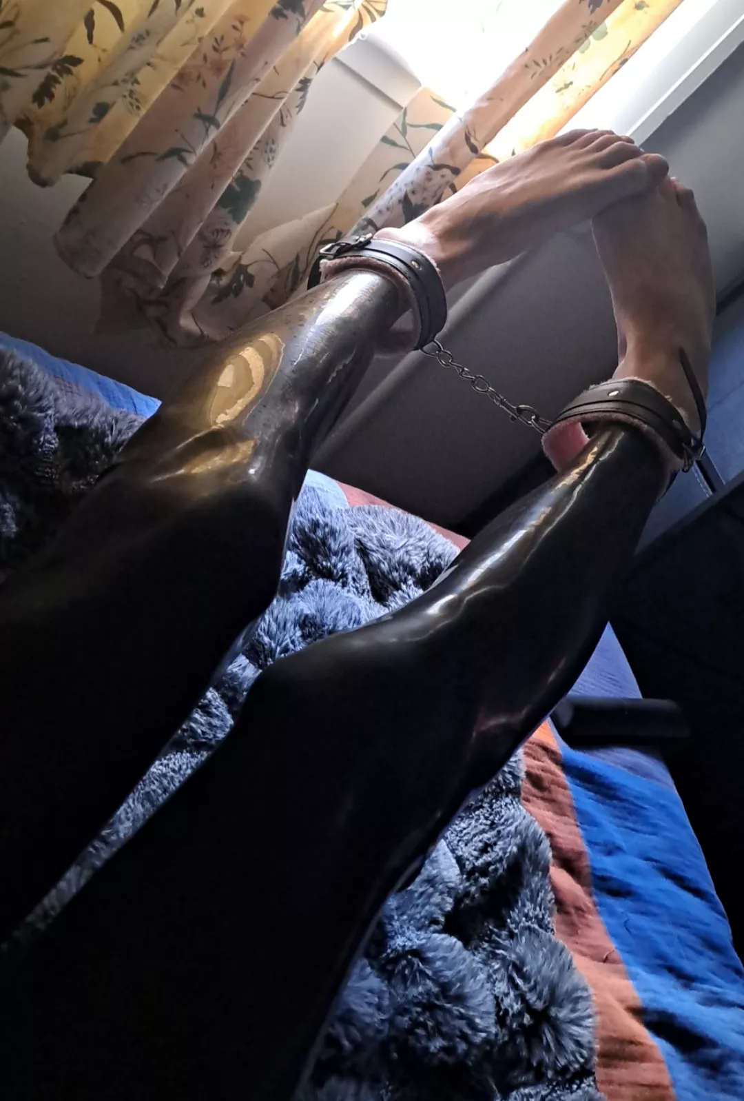 Catsuit and Ankle Cuffs shining in Bedroom Sunlight 💜