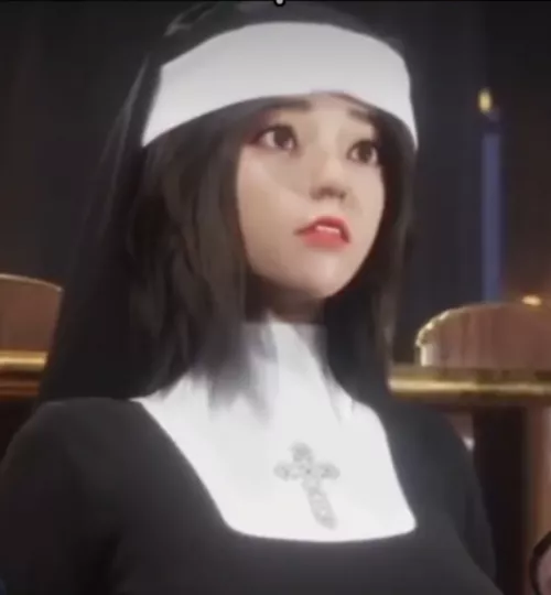 Color: 1girl, nun, 3d, animated, black hair, long hair, teeth