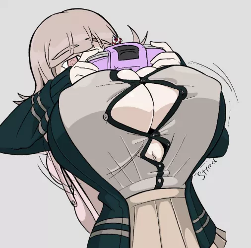 Chiaki too busy playing gameboy advanced to notice button popping breast expansion (king melon)