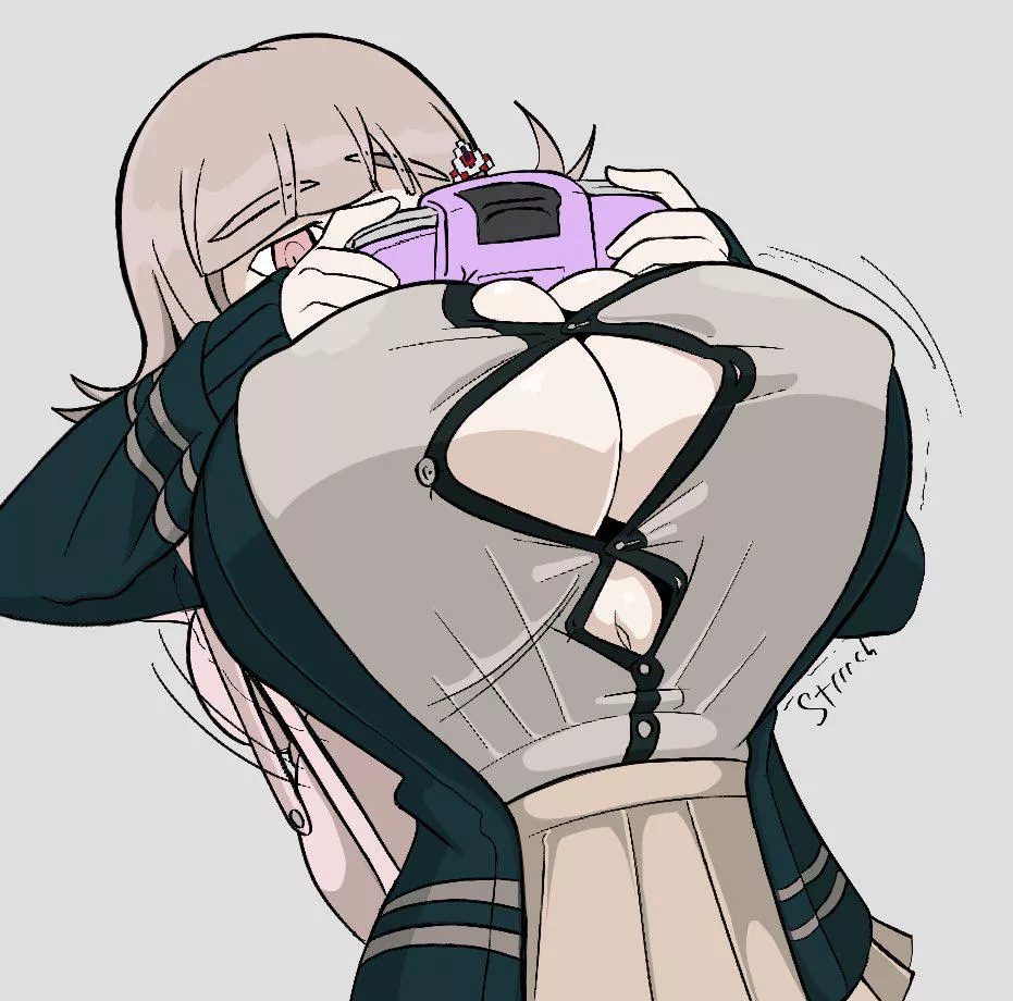 Chiaki too busy playing gameboy advanced to notice button popping breast expansion (king melon)