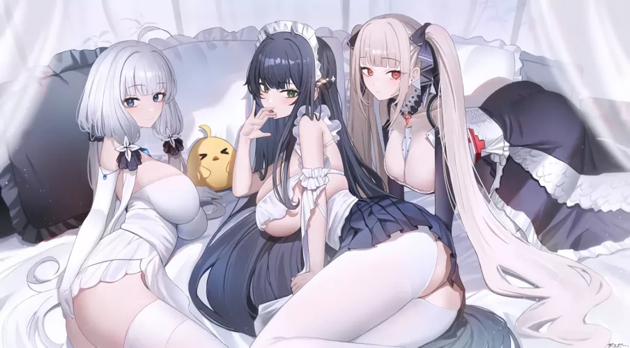 Fascination of Illustrious with Indomitable and Formidable on bed (ArtsJeze)