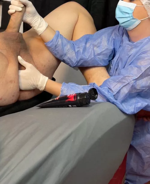 Lie down on the stretcher, relax your body. I will put lubricant and start playing with your prostate