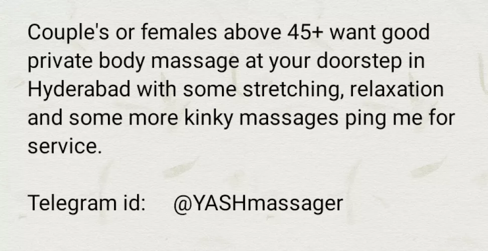 [m]ale Masseuer for [c]ouples and [f]emales above 45+ are most welcome for service at doorstep.