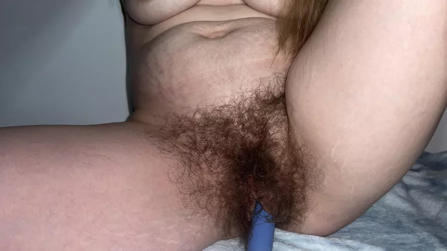 My blue toy in my hairy pussy