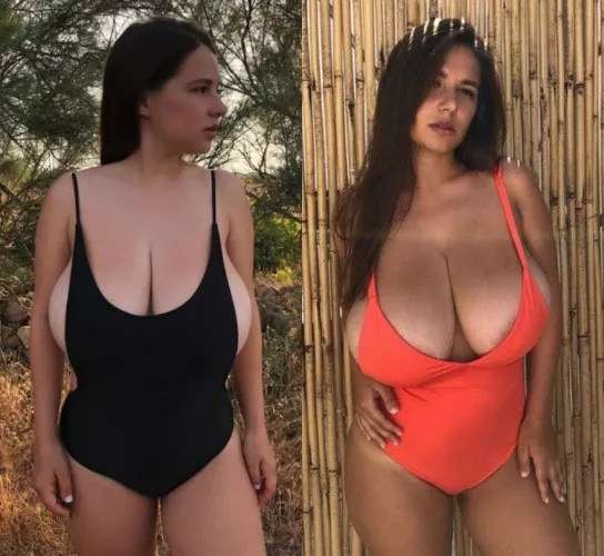 Are her breasts more to their advantage in black one-piece or the orange one ?