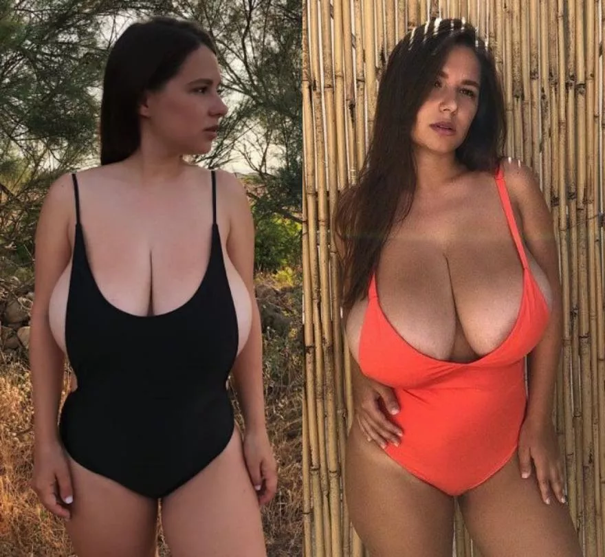 Are her breasts more to their advantage in black one-piece or the orange one ?