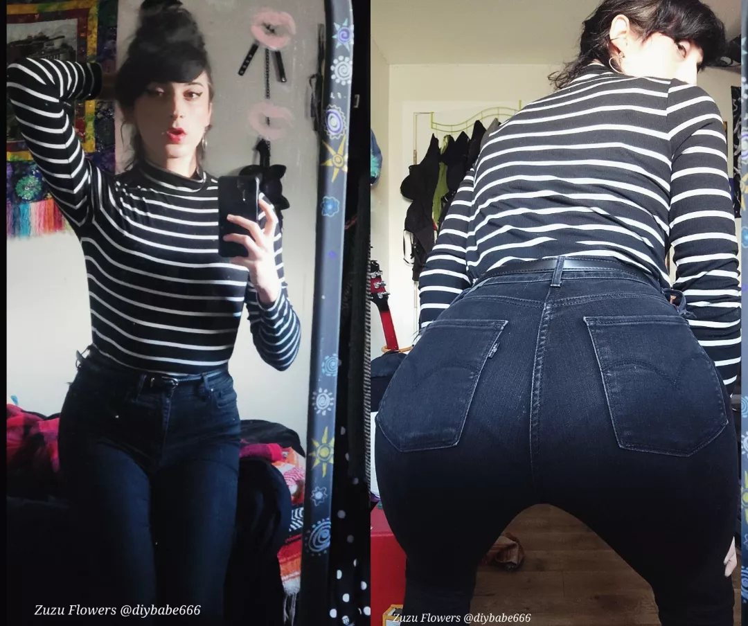 Black levis in my striped top, front and back, vpl 😌🍑🏳️‍⚧️