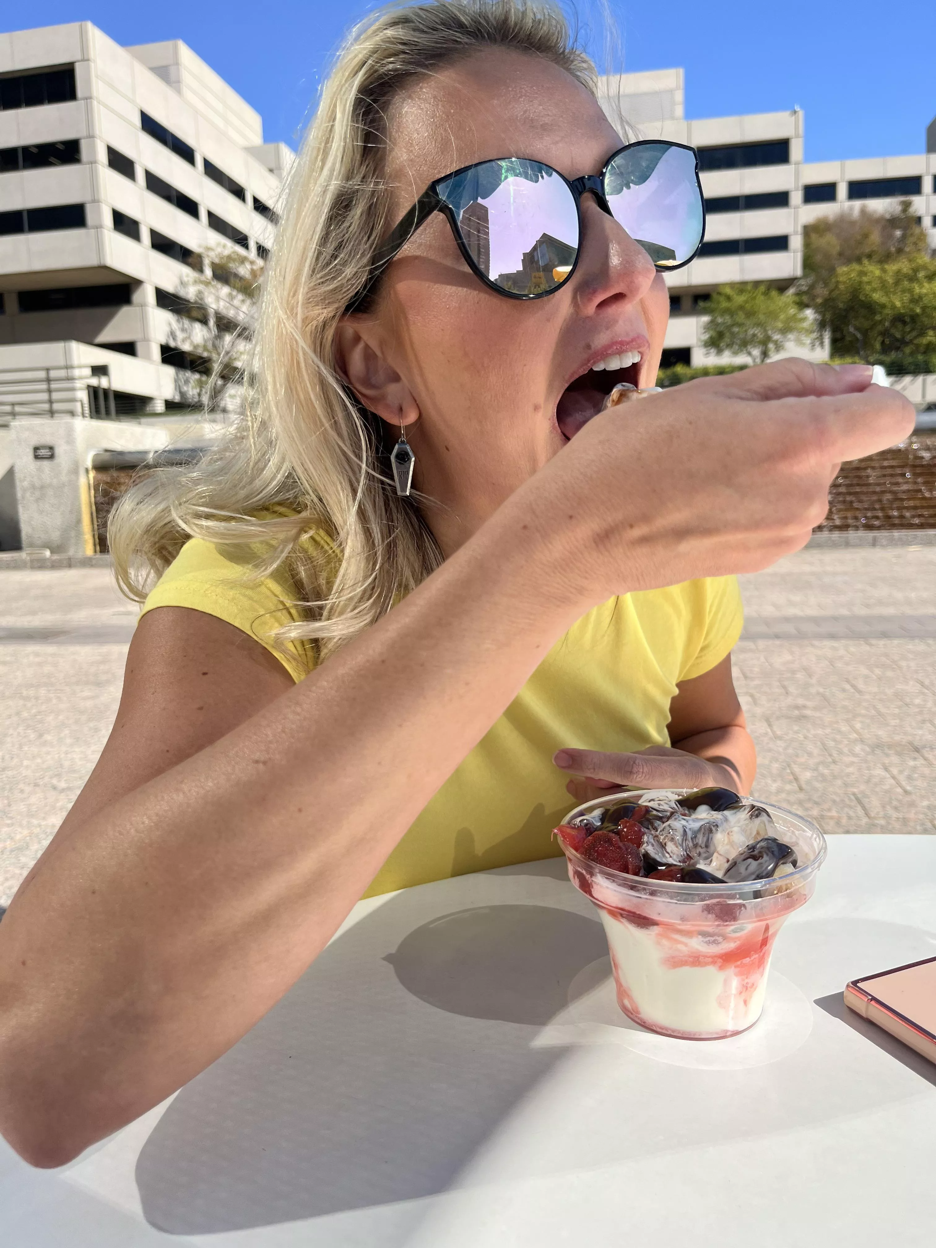 Eating ice cream at Crown Center in a see thru dress