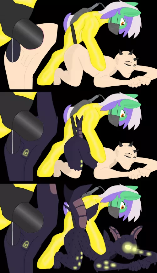 Lesbian earth pony with latex suit turns a human into a shark. Using a strapon connected to a container of assimilative Garax goo. (OC)