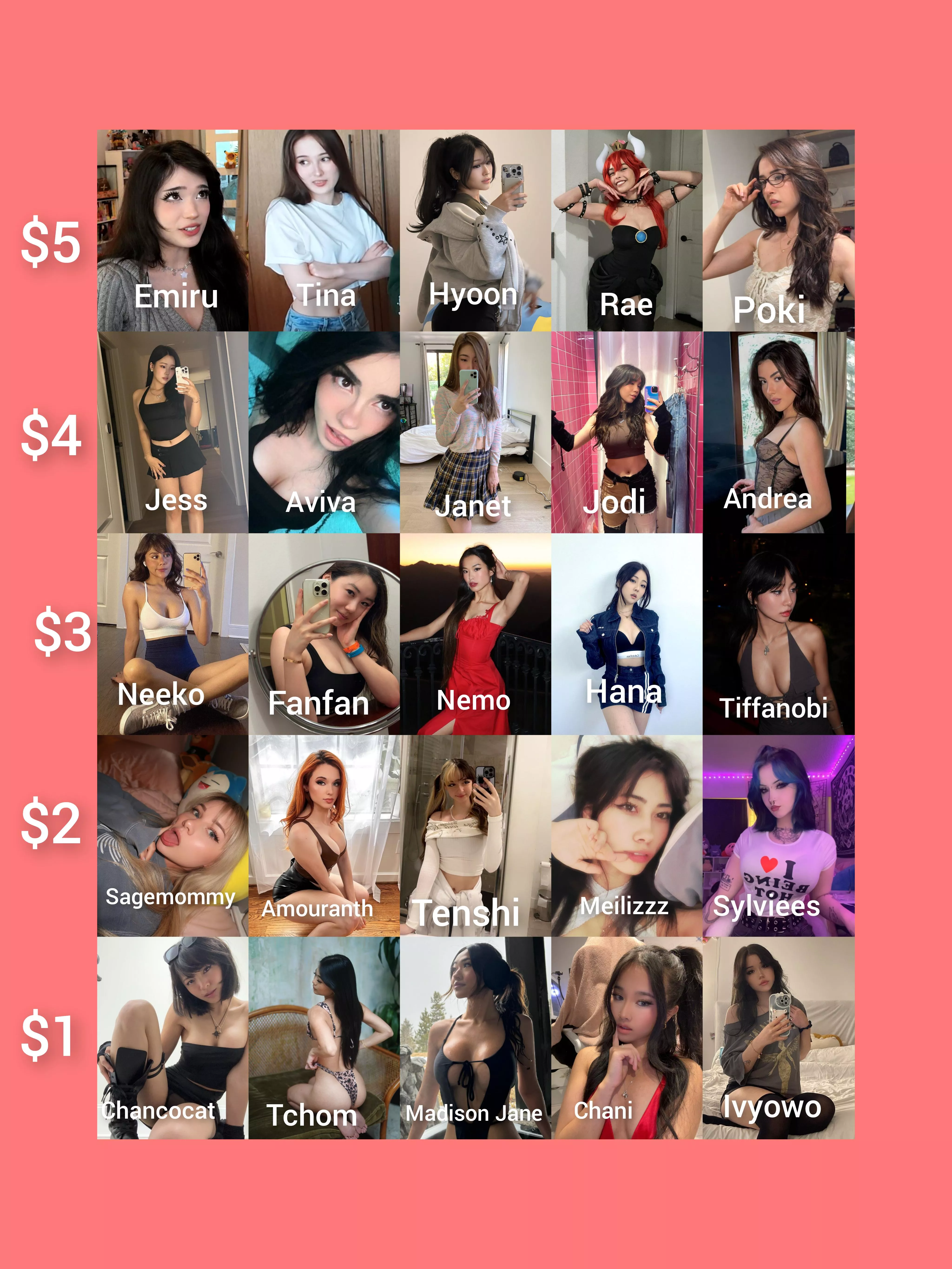 You have $15 to spend on your twitch house harem, who are you choosing and what will you do with them? (Bonus rule if you choose a whole column get $5 extra to spend)