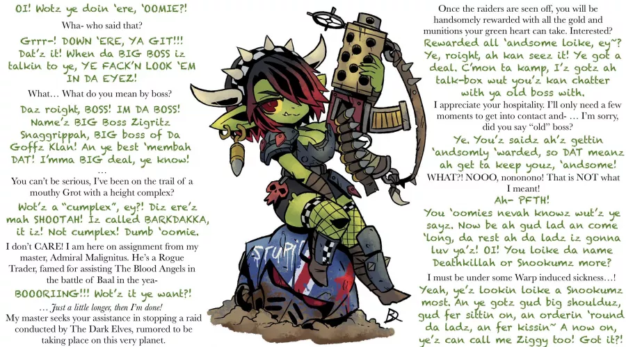 You have been sent to do negotiations with a klan of Goffs. Emperor protects. [shortstack] [Greenskin/Grot/Goblin/Ork] [Warhammer] [U Wot Mate] Made with the help of u/MtG-Ti art by [Kabooski01](https://twitter.com/Kabooski01?ref_src=twsrc%5Egoogle%7Ctwc