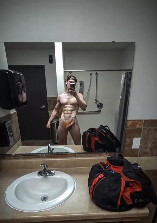 Another wank session in the gym bathroom, what would we do if you walked in? 