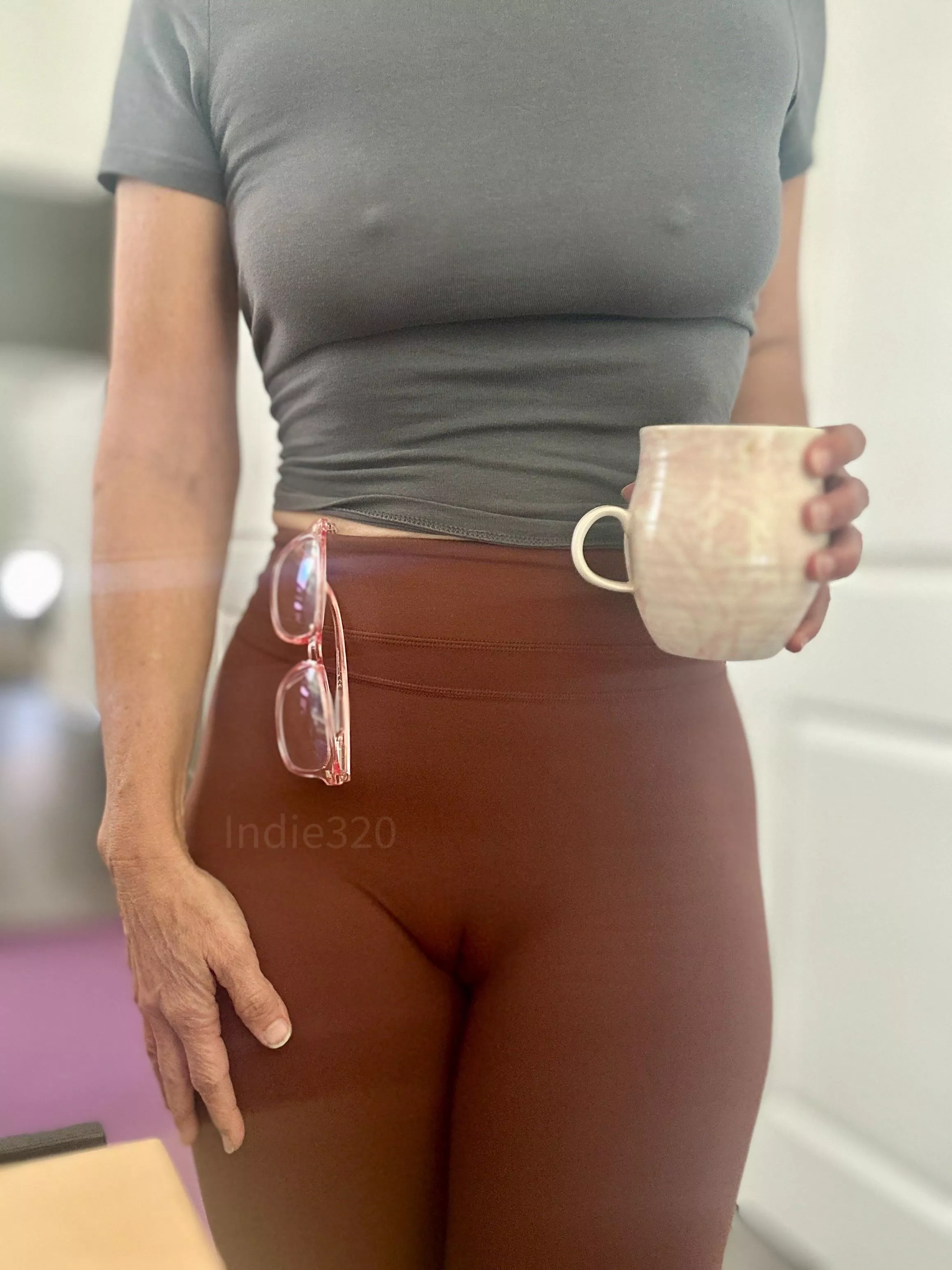 Finishing my coffee then heading to the gym in leggings pulled to fit just right ;)