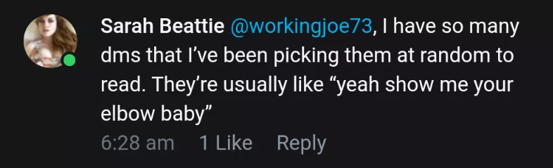 Just thought I'd post this in case anyone had sent Sarah a DM on OF and hadn't had a response